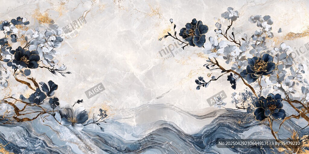 藍(lán)白花卉山水大理石紋理圖