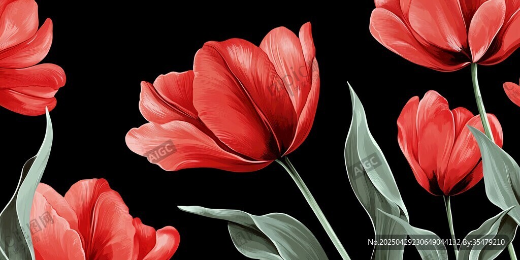紅色郁金香花卉插畫