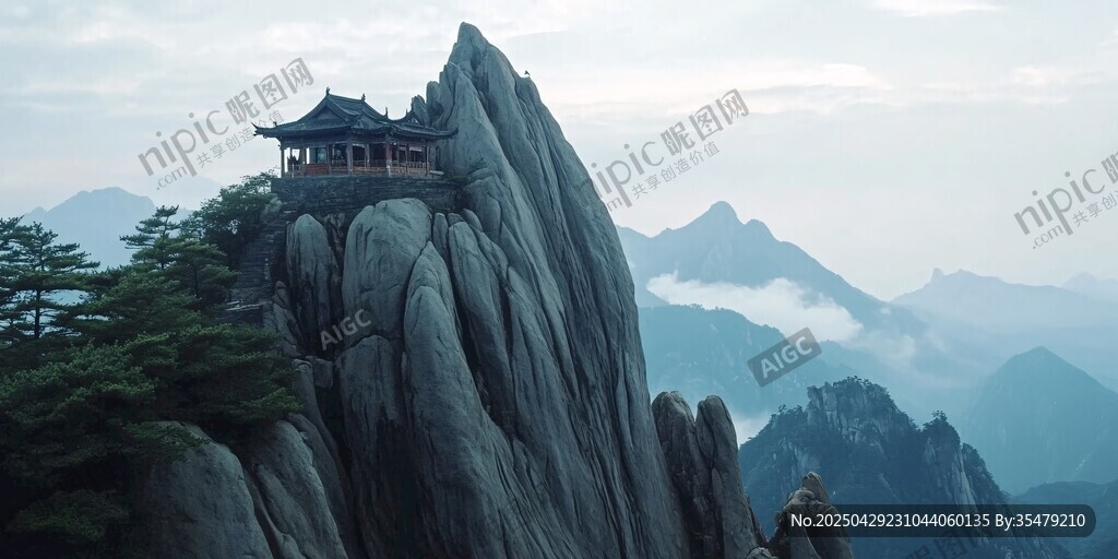 山巔古亭立 云霧繞峰間