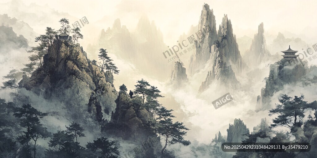 水墨山水間 奇峰隱云霧
