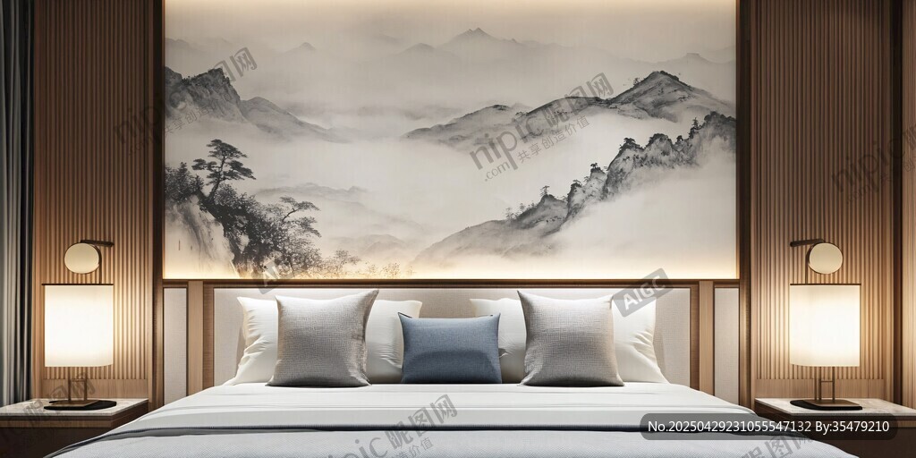 中式山水風(fēng)雅致臥室場(chǎng)景