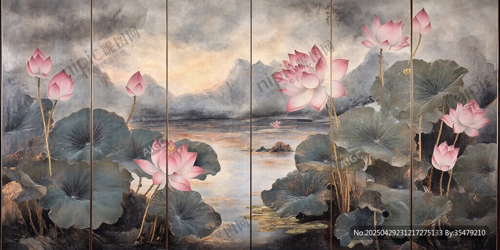 水墨荷花屏風(fēng)畫
