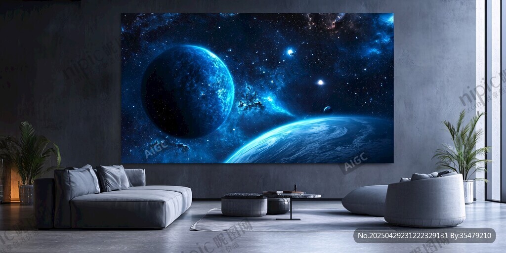 科幻風(fēng)格客廳的宇宙壁畫(huà)