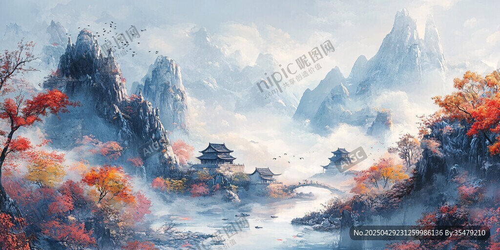 秋日山水間的古韻景致
