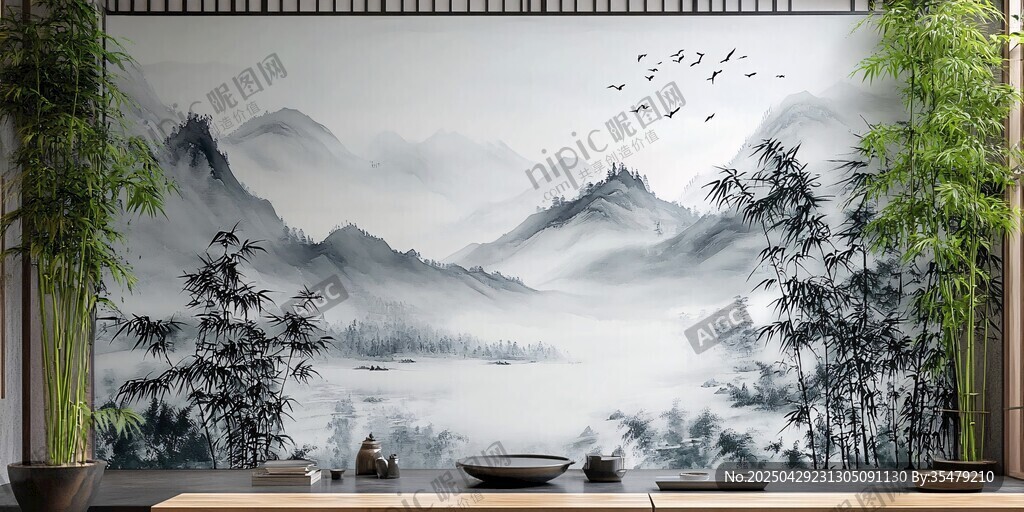 中式山水意境茶室背景墻