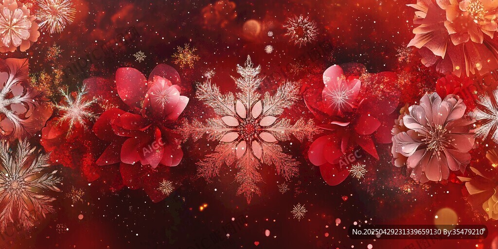 紅韻繁花雪花夢幻背景圖