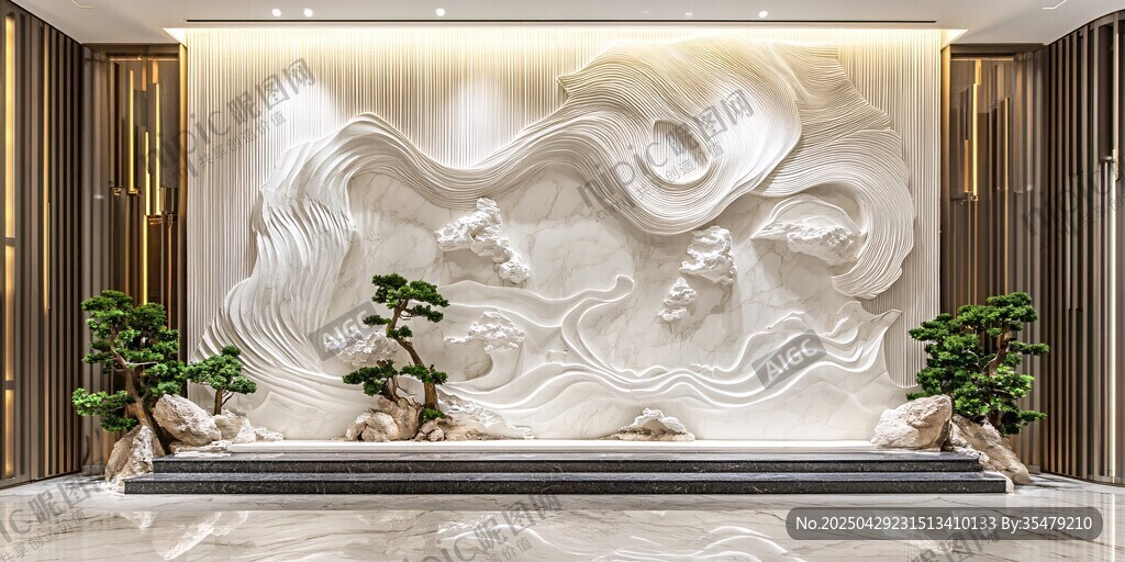 中式大氣山水浮雕玄關(guān)背景