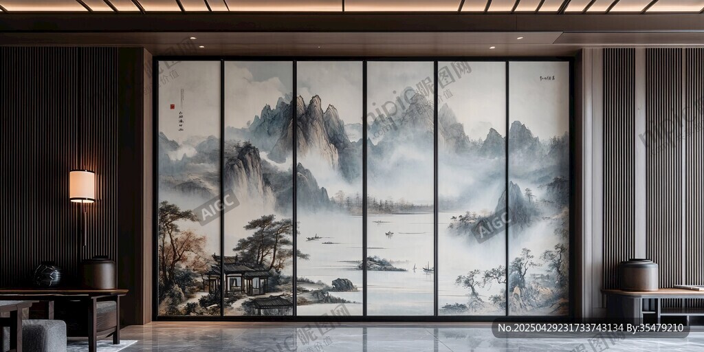 中式山水屏風(fēng)裝飾室內(nèi)空間