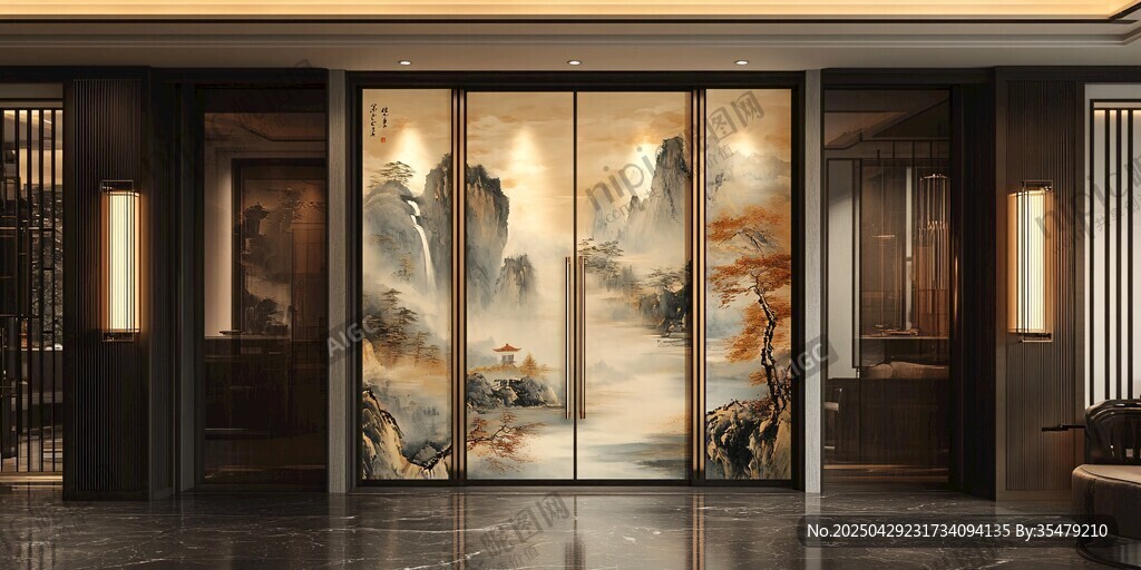 中式山水藝術(shù)玻璃隔斷門