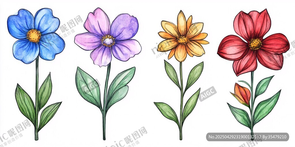 四色手繪花卉插畫