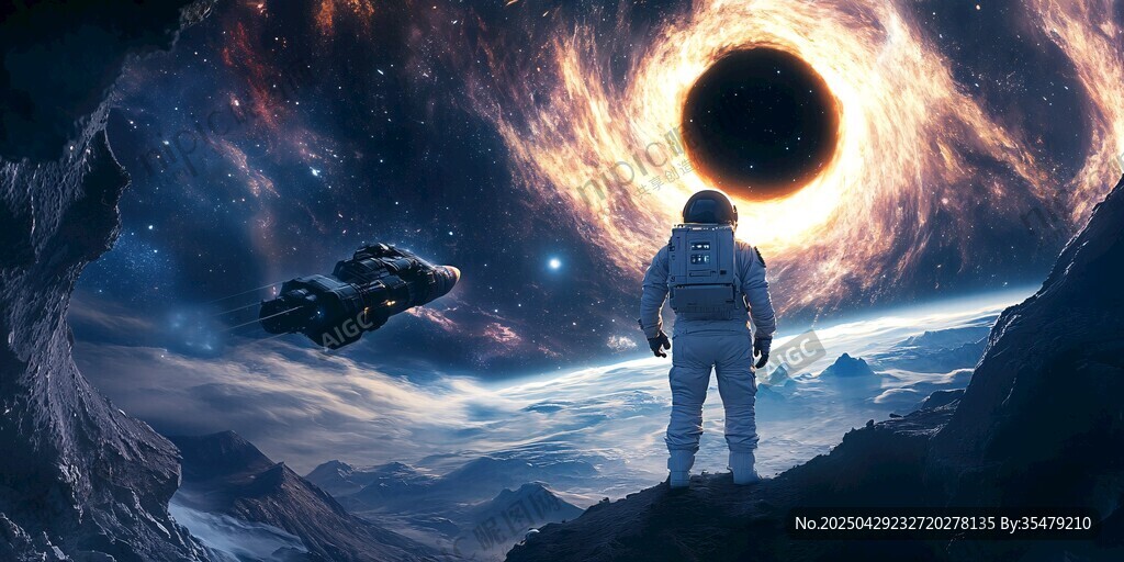 宇航員凝望黑洞太空景象
