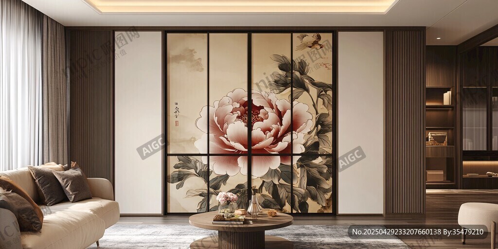 中式客廳的牡丹藝術(shù)屏風(fēng)