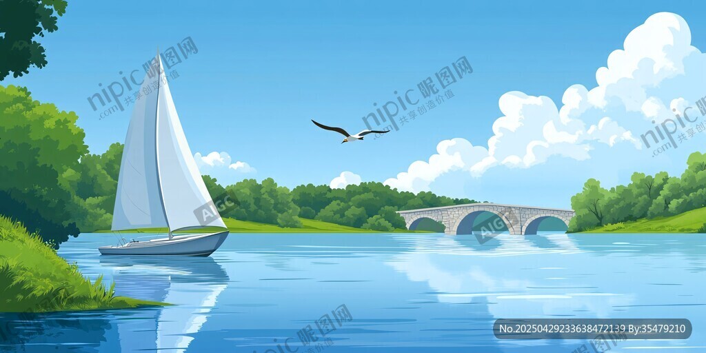 湖畔帆船景 飛鳥伴橋影