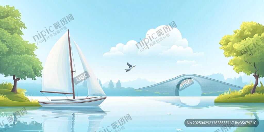 湖畔帆船景 清新自然風
