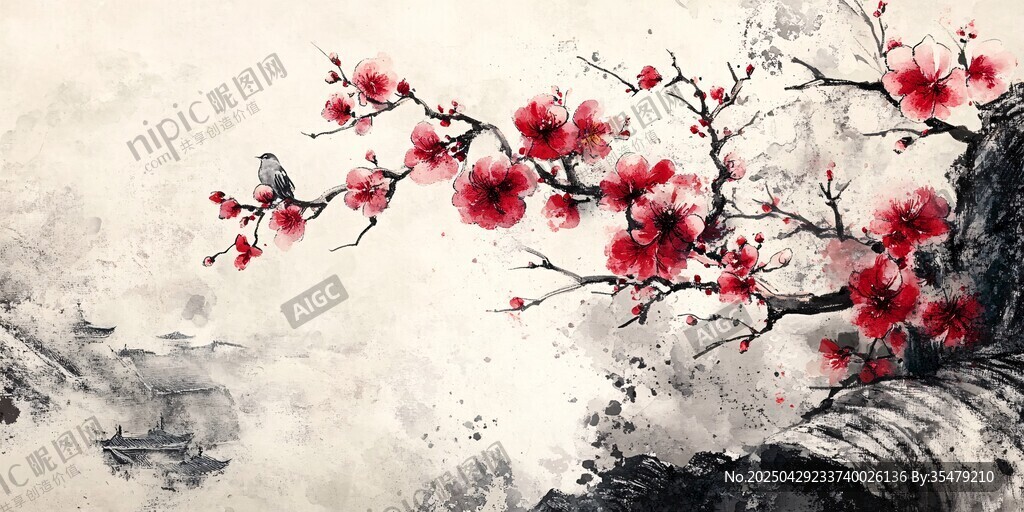 水墨紅梅圖 孤鳥棲枝間