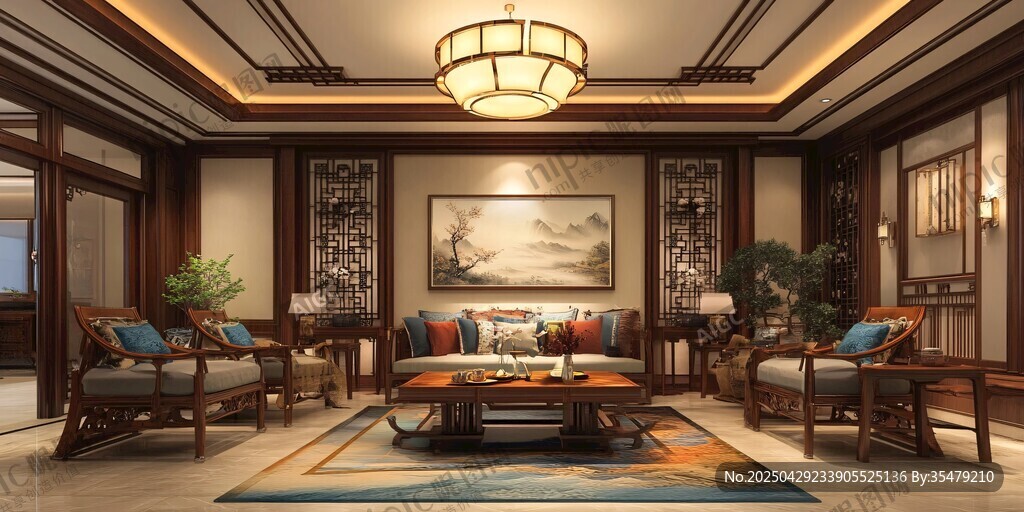 中式典雅客廳室內(nèi)設(shè)計(jì)場(chǎng)景
