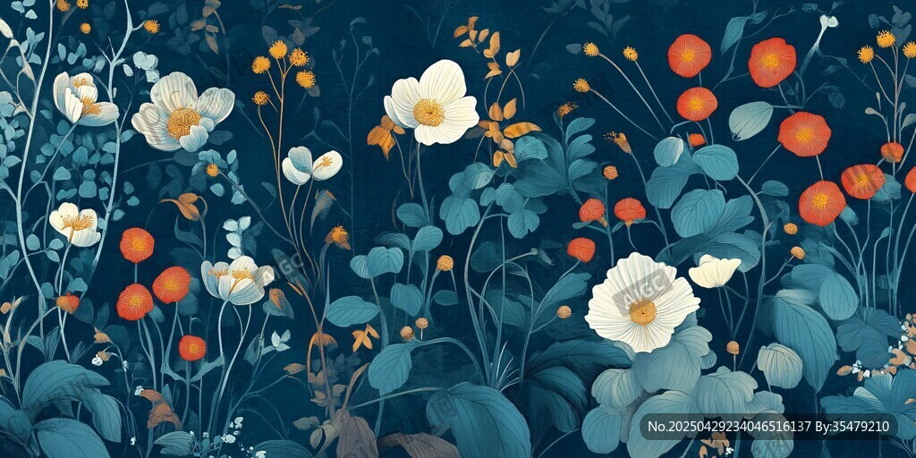 深藍(lán)色花卉植物圖案插畫