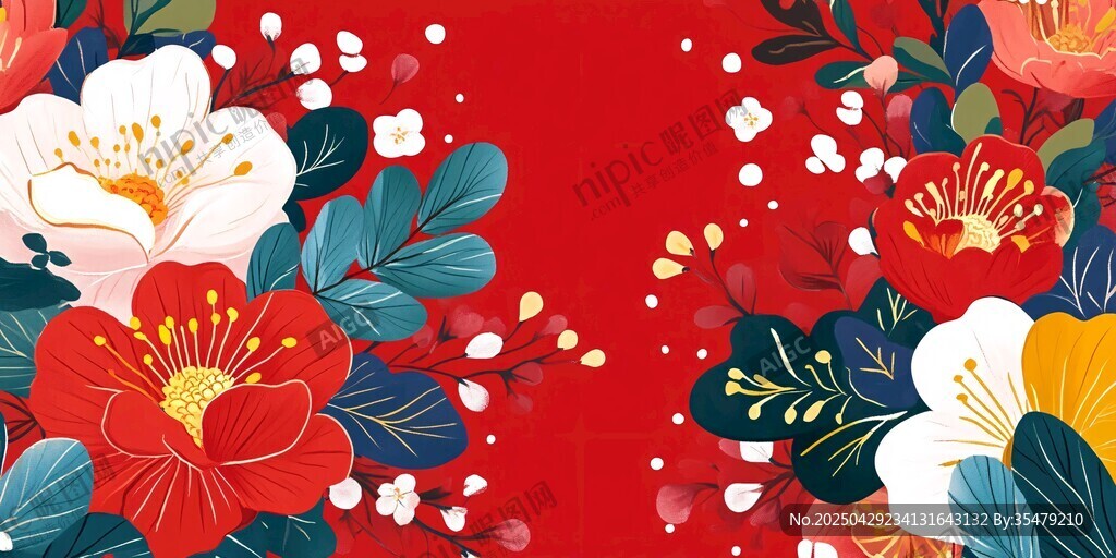 喜慶花卉紅底插畫背景圖