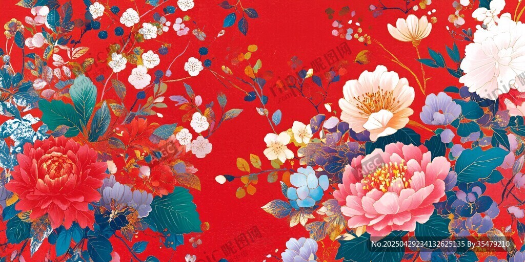 喜慶紅底繁花中式圖案
