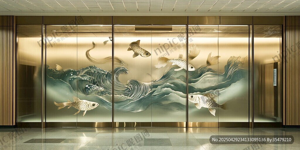 中式玻璃墻繪靈動(dòng)魚浪圖