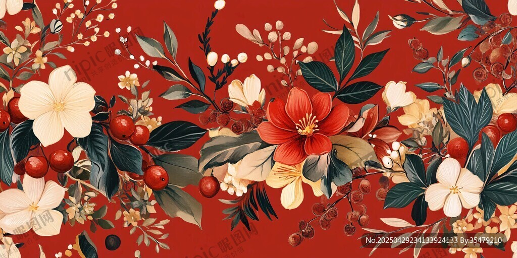 中式紅底花卉植物圖案