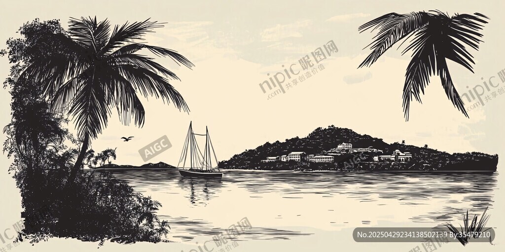 熱帶海濱帆船風(fēng)景插畫(huà)