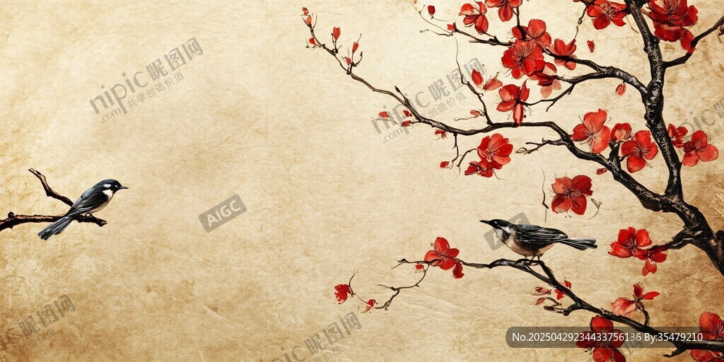 紅梅枝頭雙鳥圖