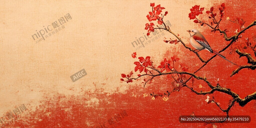 枝頭俏鳥映紅韻花枝