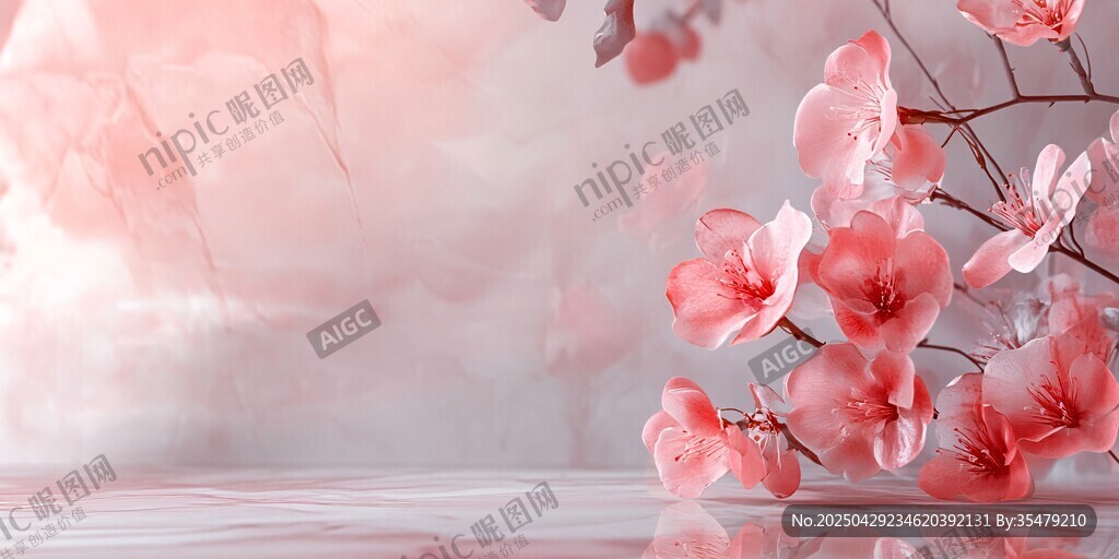 粉艷桃花綻于朦朧背景