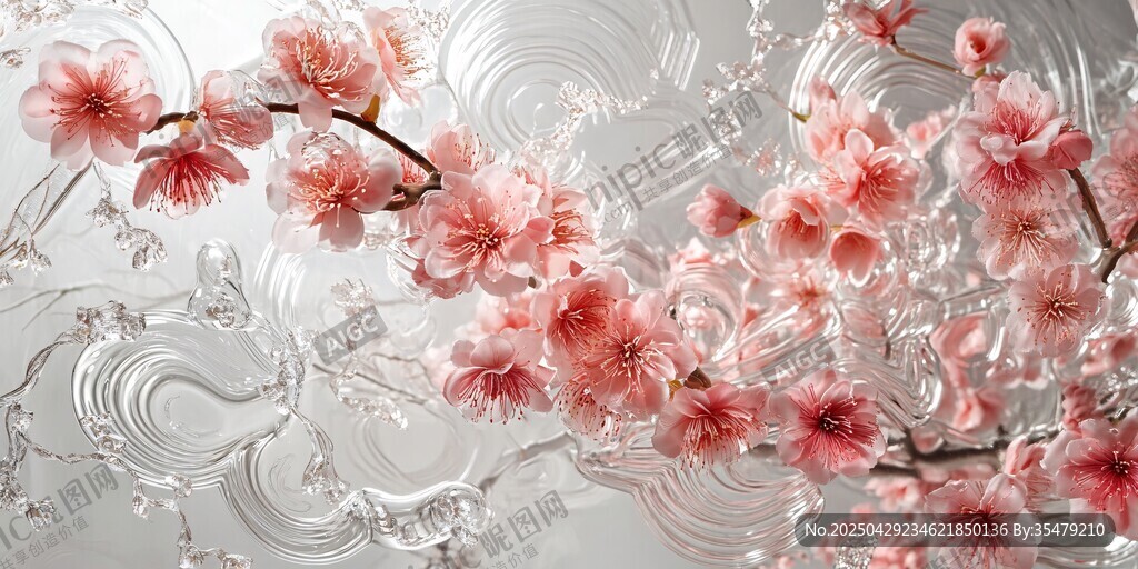 夢幻粉櫻綻放于波紋背景