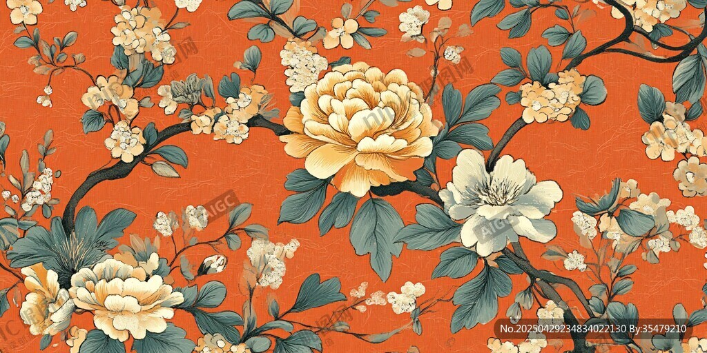 橙底繁花中式精美圖案