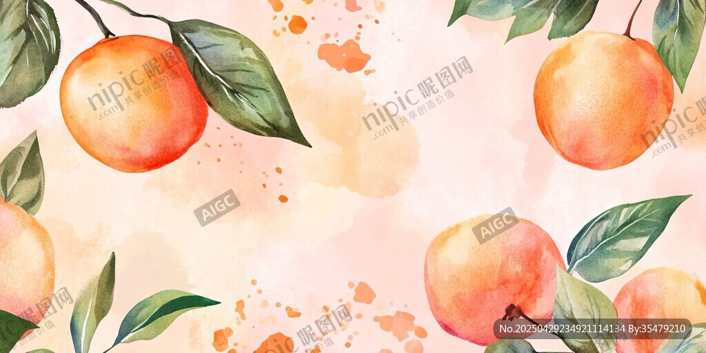 水彩風(fēng)桃子綠葉背景圖