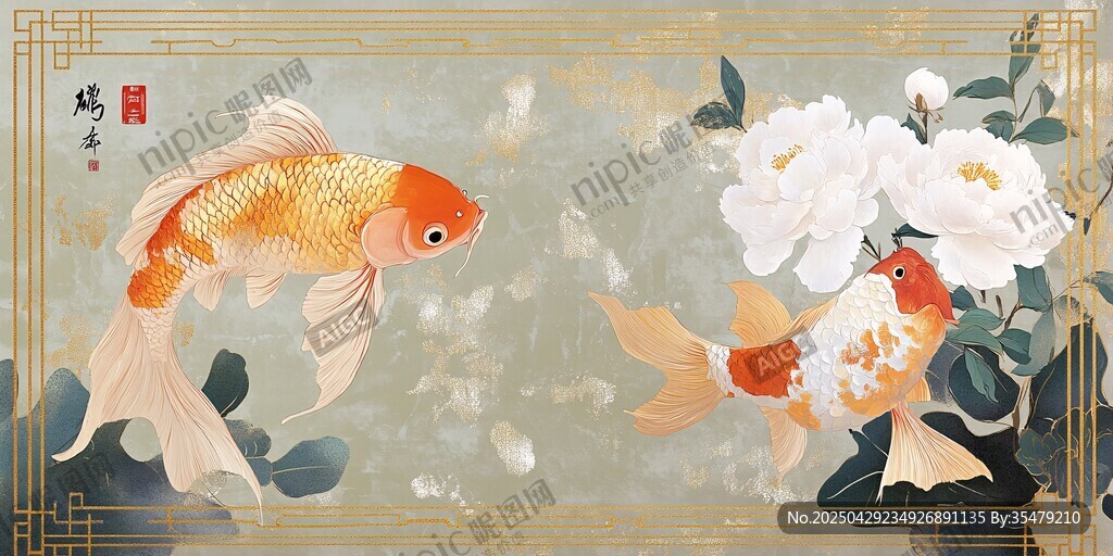 中式國風金魚牡丹圖