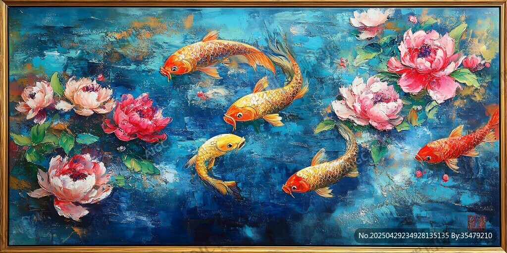 錦鯉戲牡丹油畫作品