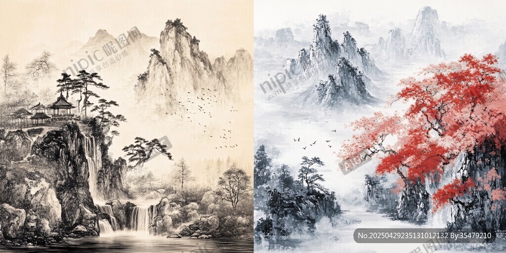 兩幅中式山水風景畫作
