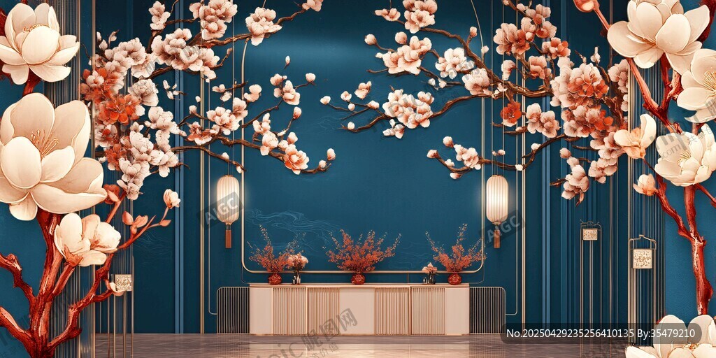 中式繁花背景的雅致空間