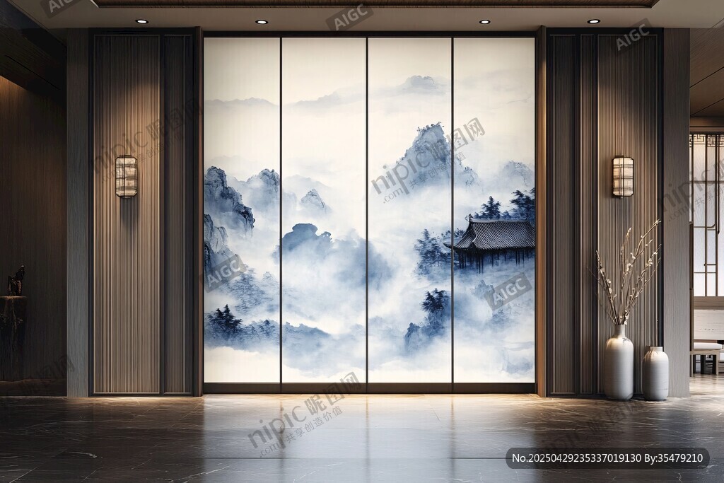 中式山水屏風(fēng)裝飾玄關(guān)