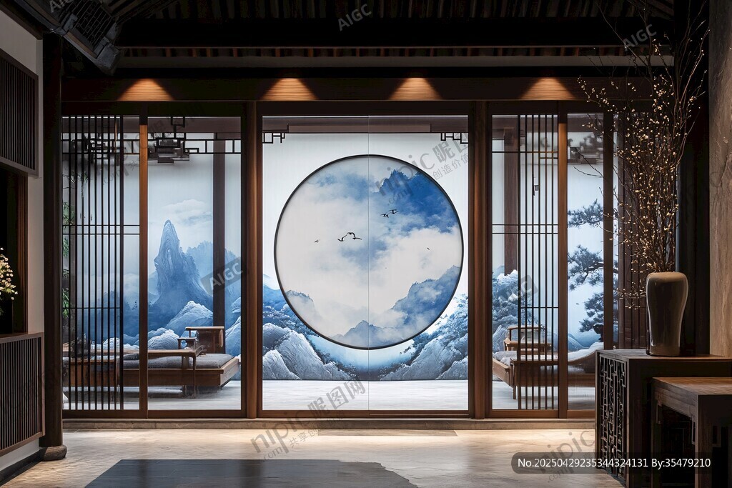 中式雅室中的山水圓形窗景