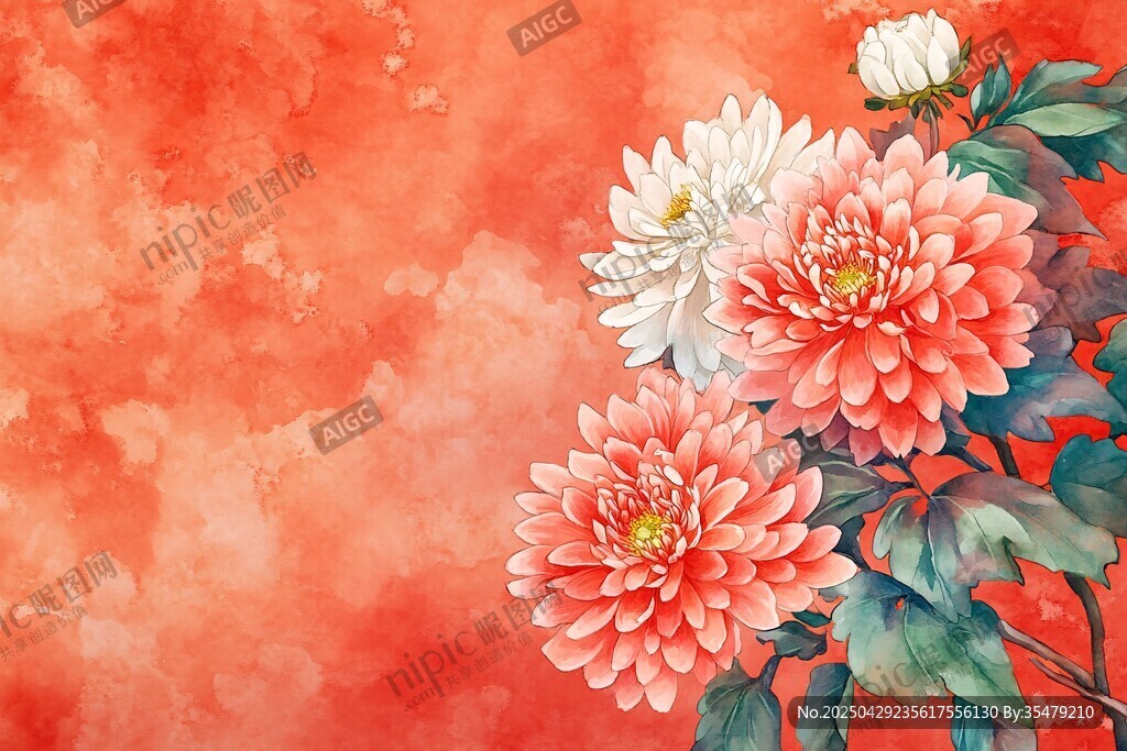 橙底艷麗花卉插畫