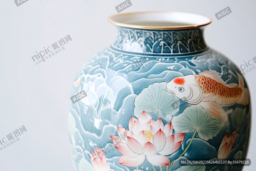 青花瓷瓶上的錦鯉荷花圖