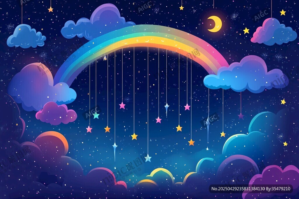 夢幻夜空下的彩虹與繁星