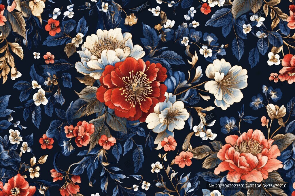 深藍底繁花圖案面料