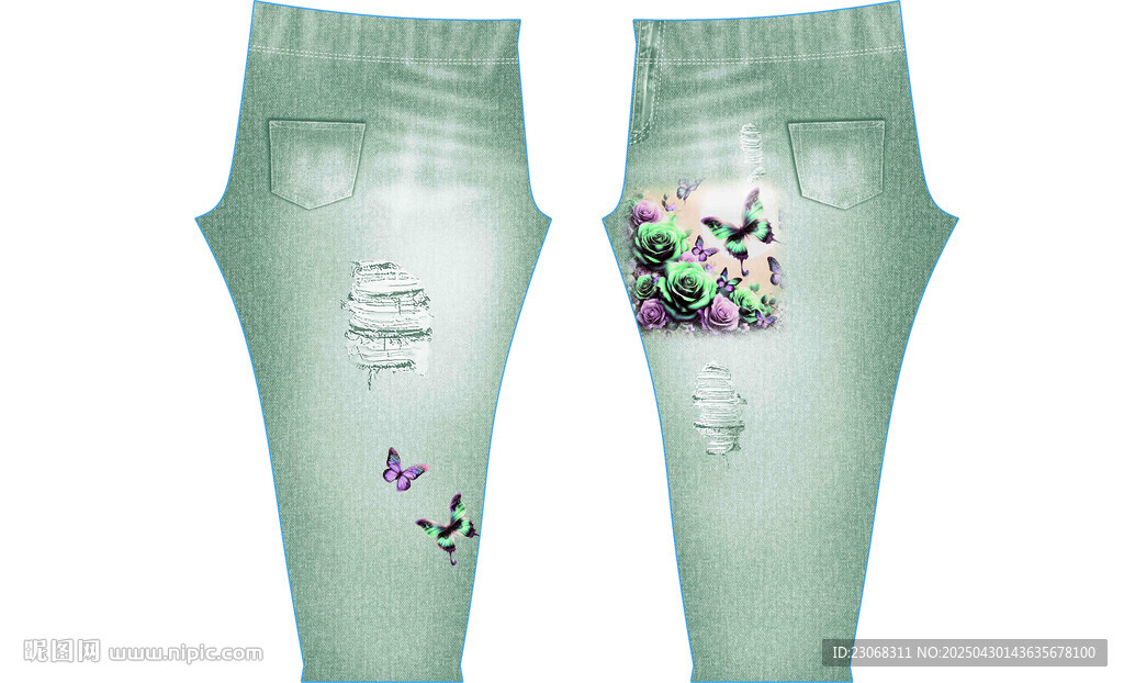 淺綠色花卉刺繡牛仔褲圖案
