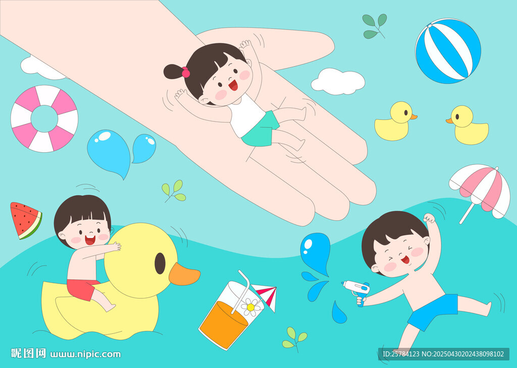 兒童暑假假期夏季戶外游泳課插畫
