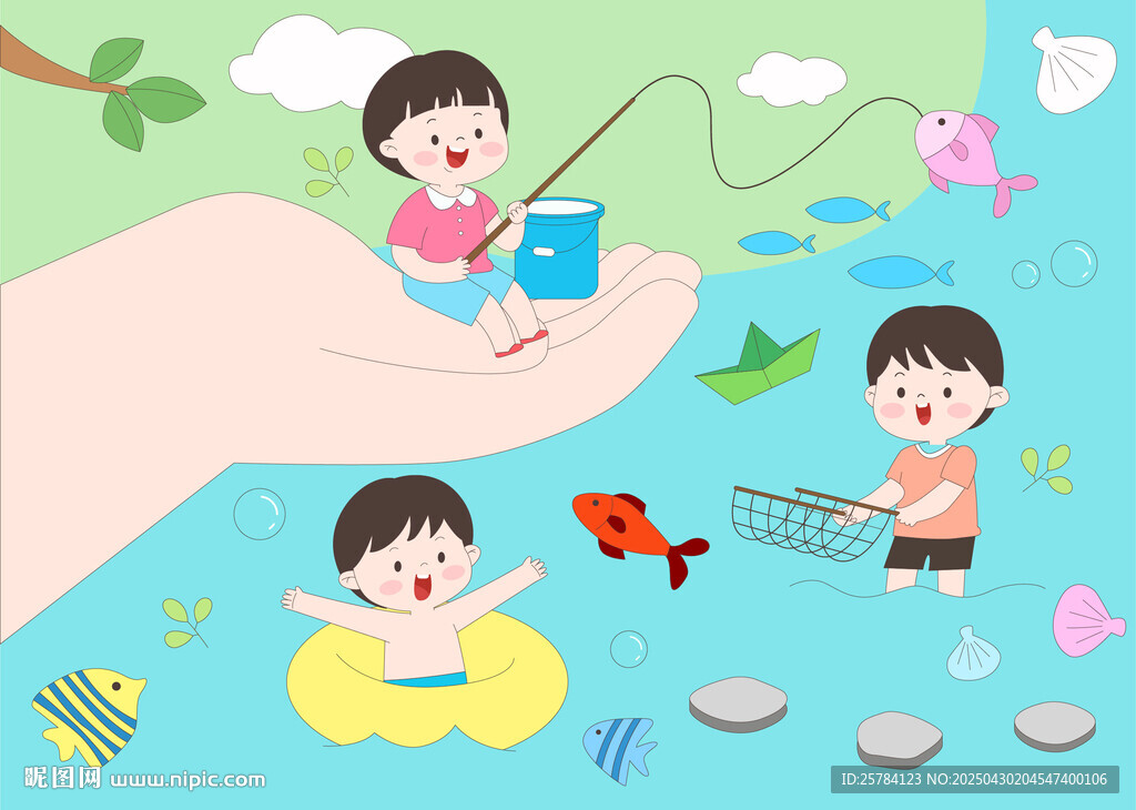 暑假夏季小溪戶外游泳釣魚抓魚