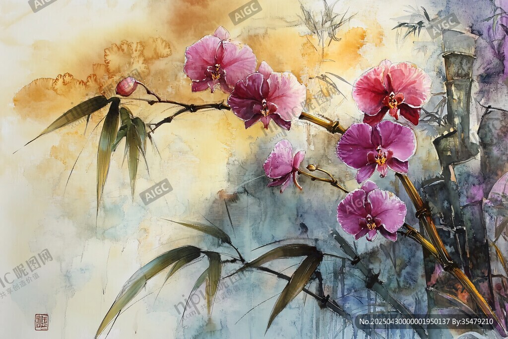 水墨風(fēng)綻放的嬌艷蘭花