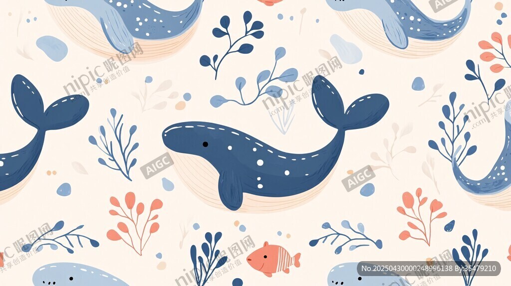 可愛(ài)鯨魚(yú)海洋植物圖案