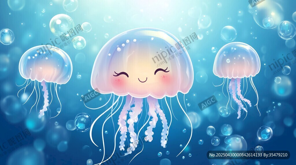 可愛水母在藍色海洋中游動