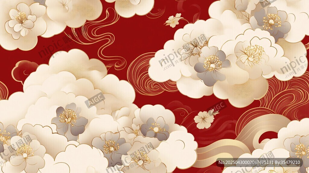 中式紅底繁花云紋圖案