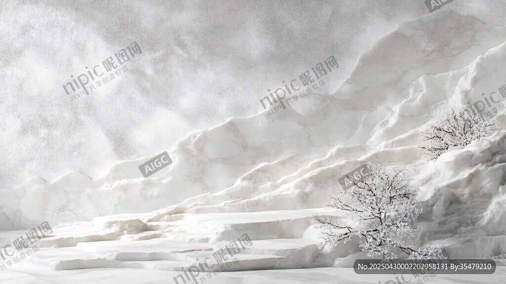 冰雪覆蓋的山脈與孤樹景觀